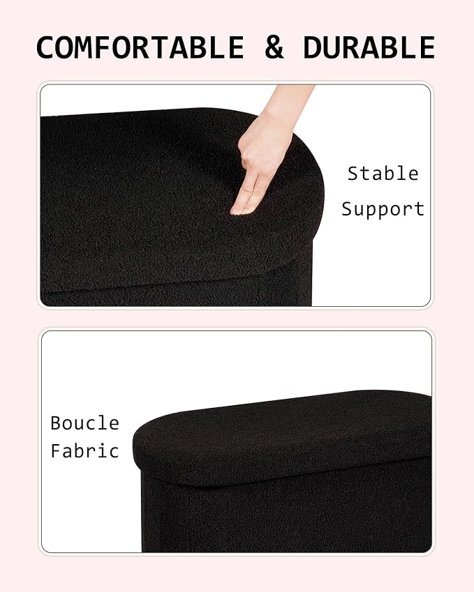 30" Oval Foldable Ottoman with Storage, Teddy Boucle Fabric Footrest, Storage Bench for Living Room, Bedroom, Entryway, Dorm, Black