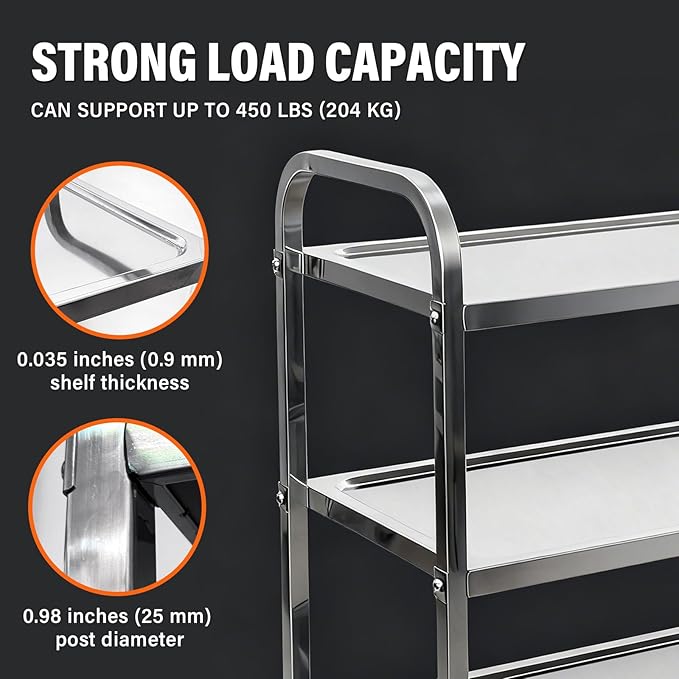3-Tier Stainless Steel Utility Cart, 37.4"×19.69"×37.4", Rolling Kitchen Serving Trolley, Catering Storage Cart with 2 Lockable Wheels for Hotel, Restaurant, Home Use(Large)