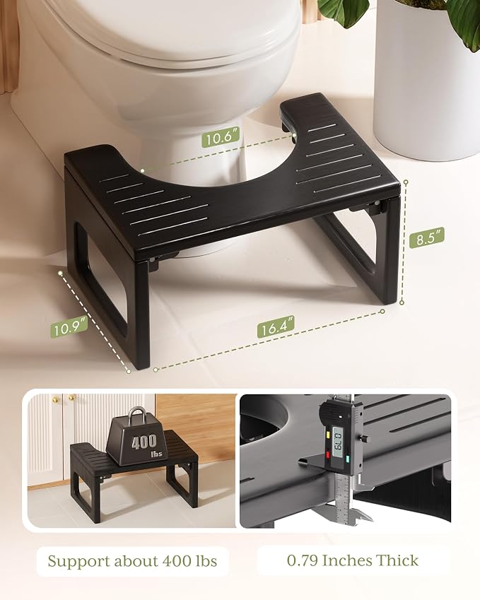 AmazerBath 8.5 Inches Bamboo Toilet Stool Squat for Adults, Collapsible Poop Stool for Bathroom, 0.79" Thickness Squatting Potty with Non-Slip Strip, No Assembly Required, Black