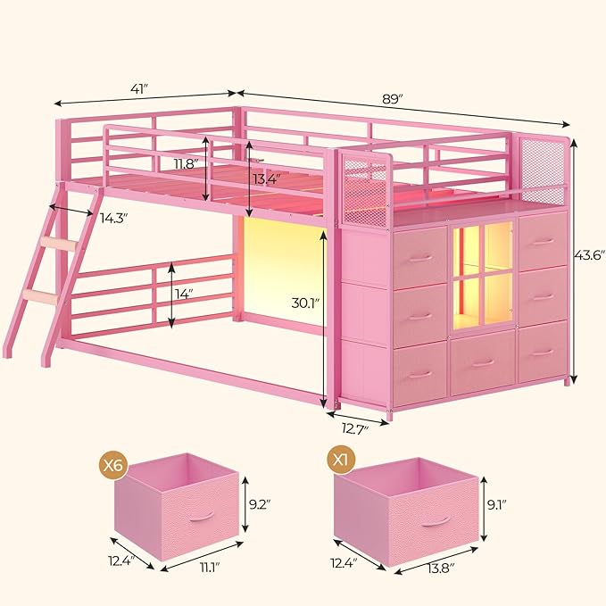BTHFST Low Bunk Bed Twin Over Twin with 7 Large Fabric Drawers & Bookshelf, Metal Bunk Bed with RGB LED Lights & Slanted Ladder & Safety Guardrail, Space-Saving Kids Low Loft Bed Twin, Pink