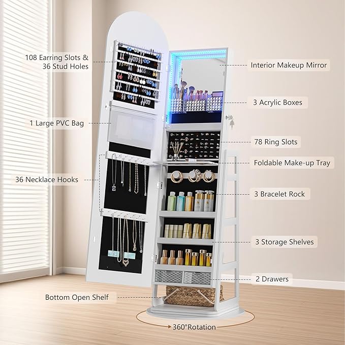 HWB LED Mirror Jewelry Cabinet, 360° Swivel Jewelry Organizer Standing, Arched Wide Full-Length Mirror with Storage Shelves, Interior Mirror, Gift Jewelry Armoire for Lady Girls