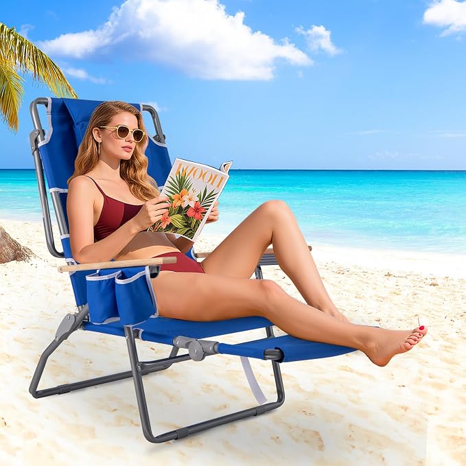Goplus 3-in-1 Foldable Beach Chair, Lay-Flat Tanning Chair with Face and Arm Holes, Footrest, 330 lbs Heavy-Duty Portable Reclining Lounge Chairs for Outside, Camping, Patio, Poolside, Lawn (2,Navy)