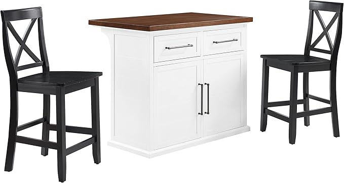 Crosley Furniture Bartlett Kitchen Island with Wood Top and X-Back Stools, White/Black