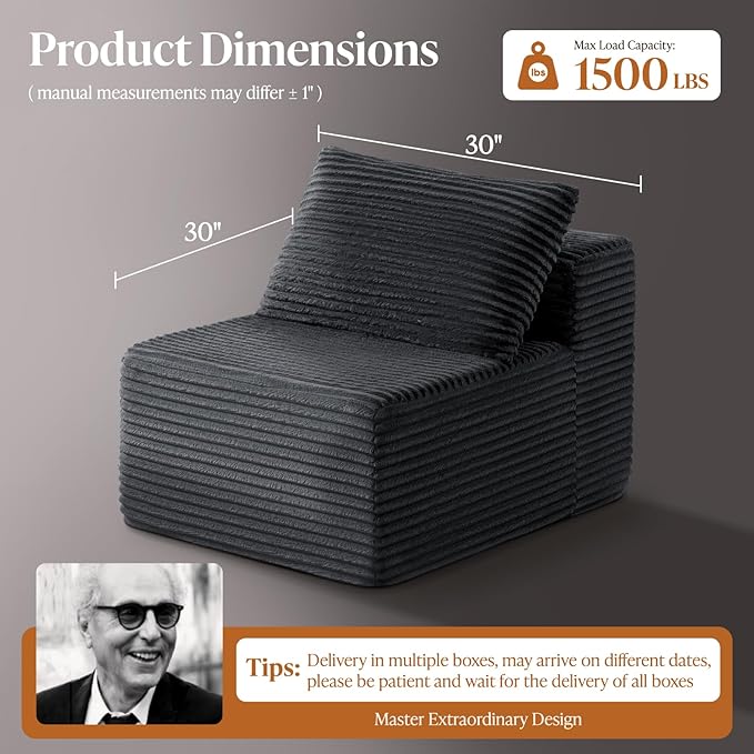 30" Cloud Sectional Couch Single Seat for Living Room, Extra Deep Seats No Assembly, Minimalist Modular Couch, Corduroy (Dark Grey, Single seat)