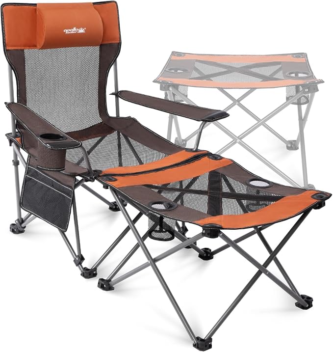 apollo walker Reclining Beach Chair, Adjustable 90-135° Backrest Camping Lounge Chairs for Adults, Folding Chair with Foot Rest & Detachable Pillow - Upgraded 8-Leg, Orange