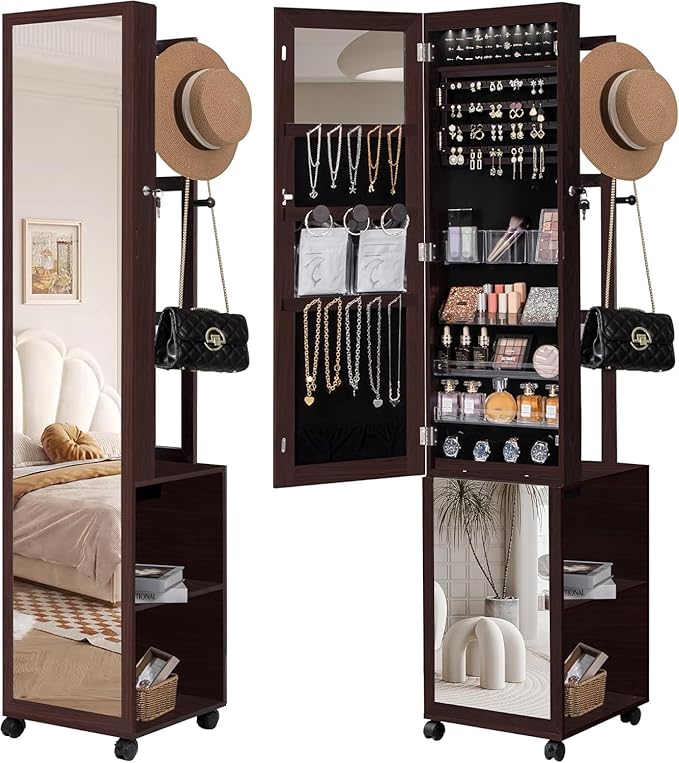 Hzuaneri 8 LEDs Jewelry Cabinet Armoire, 66.9-inch Jewelry Organizer with Garment Rack, Lockable Full-length Mirror with 4 Wheels, Storage Shelves with Hooks, 5-in-1, Brown JC17019B