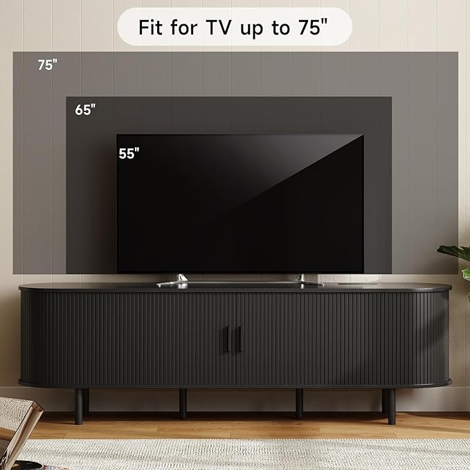 ONBRILL 70.8" TV Stand with Power Outlet for TVs up to 75 Inch, Entertainment Center with Storage and Adjustable Shelves, Modern Media Console with Sliding Doors for Living Room, Black