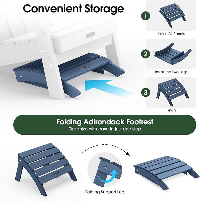 Adirondack Ottoman Footrest for Adirondack Chair, All-Weather HDPE Outdoor Foot Stool, Folding Patio Ottoman for Lawn, Garden, Deck, Backyard, Navy Blue