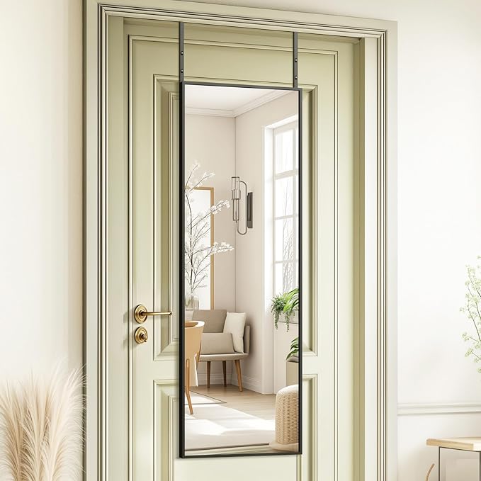 Kosmonia 48x14 Inch Full Length Tempered Glass Door Mirror - Over The Door Hanging, No Drill Installation, Suitable for Bedroom & Closet, Sturdy Hanging Design