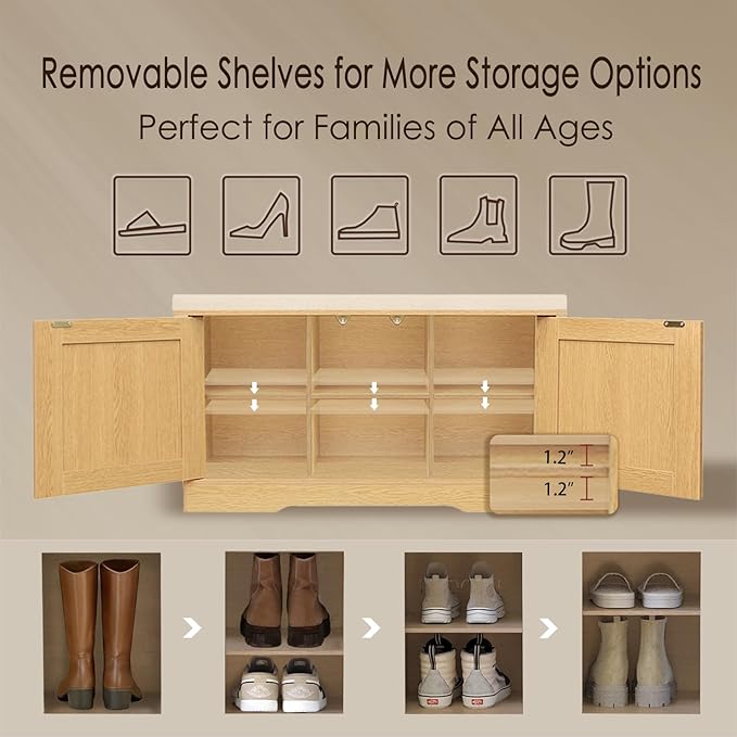 DINZI LVJ Shoe Bench, Entryway Storage Bench with Doors, Cushion, 2-Tier Shoe Rack with 6-Cubby, 31.5”L x 13.8”W Shoe Organizer Cabinet, Adjustable Shelf, Living Room, Bedroom, Natural