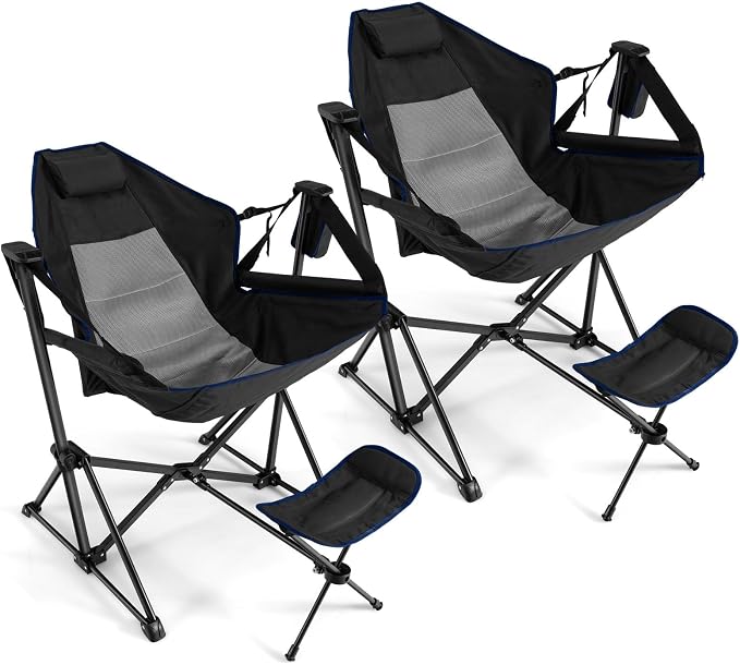 COSTWAY Folding Camping Chair, Portable Beach Chair with Retractable Footrest, Adjustable Back, Cup Holder & Carry Bag, Outdoor Lawn Patio Chair for Camping, Fishing, Hiking (Black, 2 Pack)