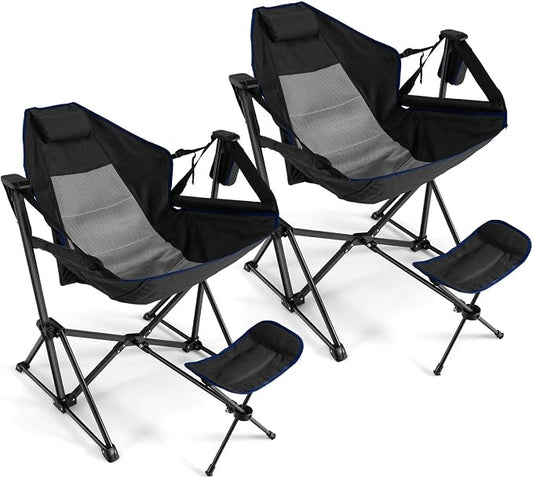 COSTWAY Folding Camping Chair, Portable Beach Chair with Retractable Footrest, Adjustable Back, Cup Holder & Carry Bag, Outdoor Lawn Patio Chair for Camping, Fishing, Hiking (Black, 2 Pack)