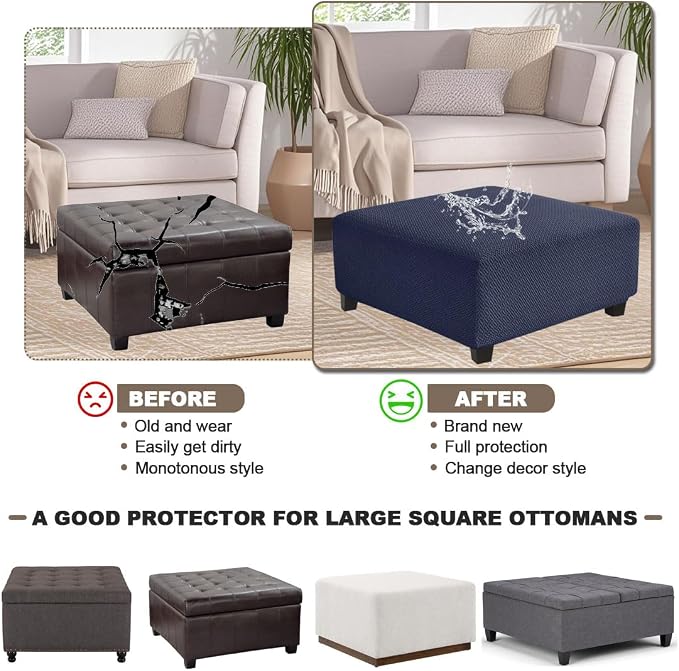 Levoberg Waterproof Square Ottoman Cover Large Square Folding Storage Ottoman Bench Slipcovers Footrest Stool Covers Oversized Ottoman Coffee Table Covers Cube with Elastic Bottom L Navy