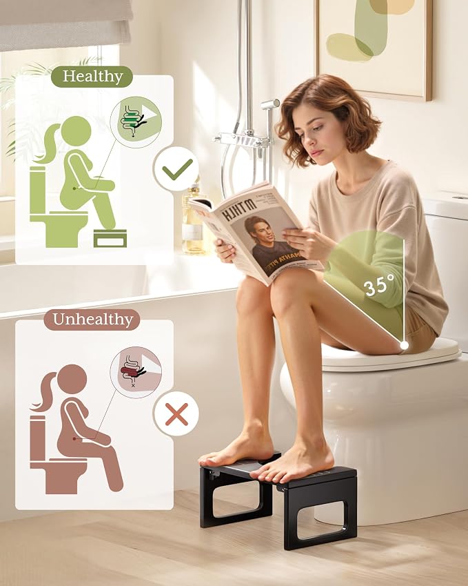 AmazerBath 8.5 Inches Bamboo Toilet Stool Squat for Adults, Collapsible Poop Stool for Bathroom, 0.79" Thickness Squatting Potty with Non-Slip Strip, No Assembly Required, Black