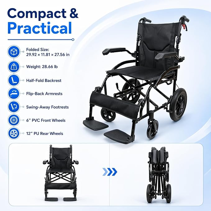 IDEALHOUSE Lightweight Foldable Transport Wheelchair for Adults, with Flip Back Armrests, Swing Away Footrests, 6” PVC Front & 12” PU Rear Wheels, Aluminum Frame, Ideal for Travel