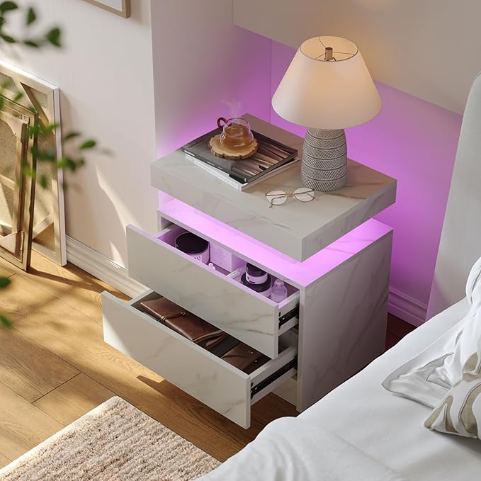 White Nightstand Modern End Tables for Bedroom Nightstand with Led Lights Side Table for Bedroom with Drawer White