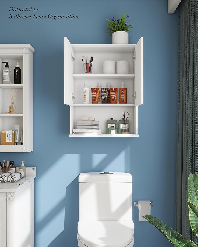 Bathroom Cabinet Wall Mount with Buffering Hinge, 23"x29" inch Over Toilet Storage Cabinet with Adjustable Shelves, Large Space Wooden Medicine Cabinet, White