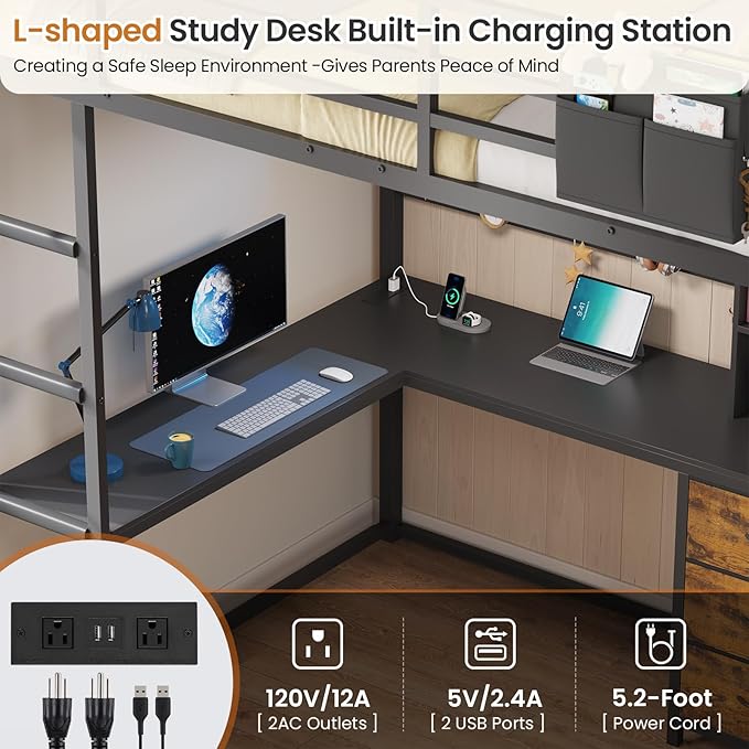 DICTAC Full Size Loft Bed with L-Shaped Desk,Bookshelf and Charging Station Metal Full Loft Bed with 6 Storage Drawers,Open Shelves and Hutch,Teen loft beds with Led Lights and Safety Guardrail,Black