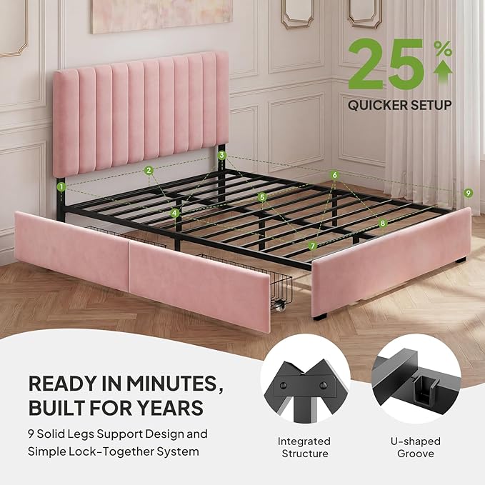 Welzona Queen Size Velvet Bed Frame with 2 Storage Drawers, Fully Upholstered Metal Platform Corner Bed Frame with Vertical Tufted Headboard, 3-Level Height, Easy Assembly, No Box Spring Needed, Pink