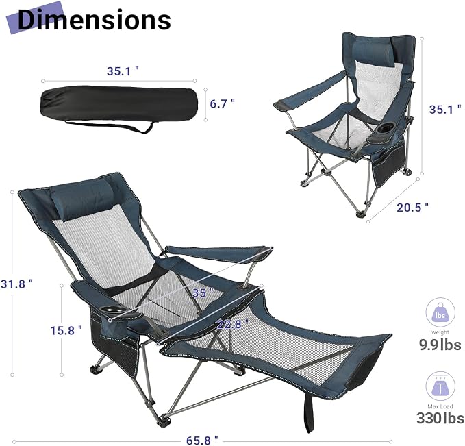 Portable Beach Mesh Lounge Chair Folding Reclining Camping Chair with Removable Footrest, Headrest, and Adjustable Backrest for Adults for Outdoor, Camping, Beach, Lawn