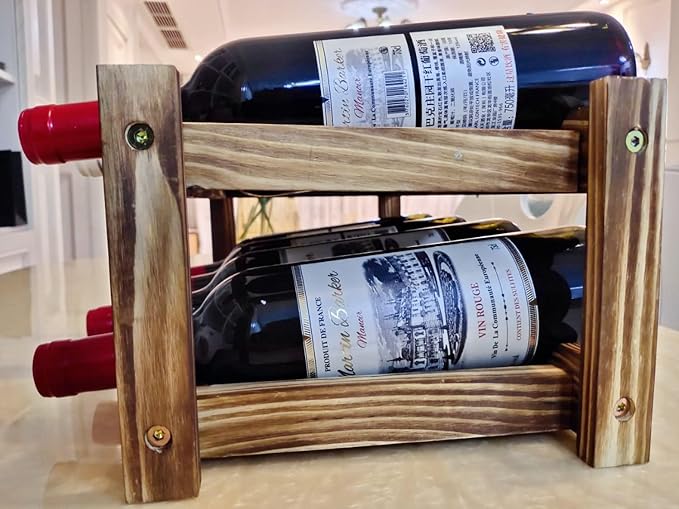 8 Bottle Wooden Wine Rack, 2 Tier Countertop Wine Storage Rack, Carbonized Pine Wood Freestanding Wine Organizer Holder for Kitchen Counter, Bar, Cabinet, Dining Room