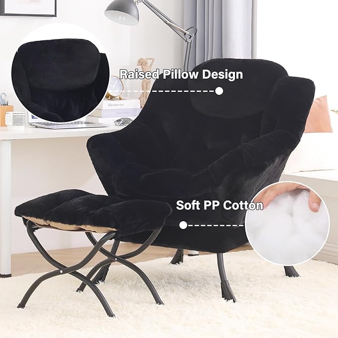 Tiita Lazy Chair with Ottoman, Black Modern Large Accent Chair, Comfy Leisure Sofa Armchair with Ottoman, Reading Chair with Footrest for Bedroom, Living Room, Dorm Rooms, Plush Black
