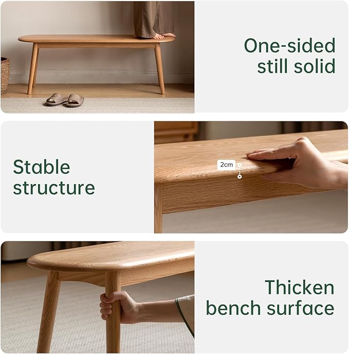 47'' 100% Solid Oak Wood Dining Bench,Rounded Corner Baguette Shape Chair Surface Design,Entryway Bedroom Bed End Bench (47.3inch, Natural Oak)