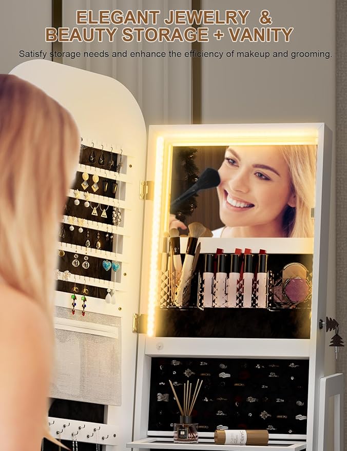 360° Swivel Jewelry Cabinet with Lights - RGB Vanity Mirror | Rotatable Full Length Mirror with Jewelry Storage, Standing Jewelry Armoire Organizer, Foldable Makeup Shelf, White (White 052)