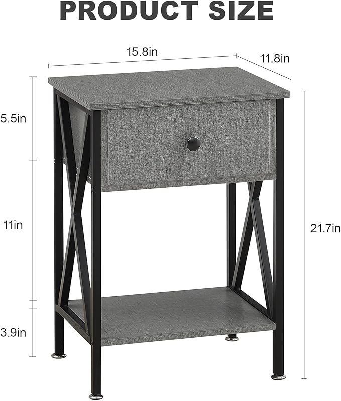 VECELO Nightstands Set of 2, Modern Bedside End Tables, Night Stands with Drawer and Storage Shelf for Living Room Bedroom, Industrial Metal Frame