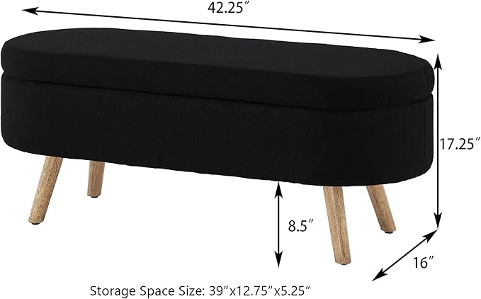 42.25" Ottoman with Storage, Storage Ottoman Bench with Safety Hinge, Foam End of Bed Bench, Upholstered Entryway Bench for Bedroom, Living Room & Window, Holds up to 330 lb, Black