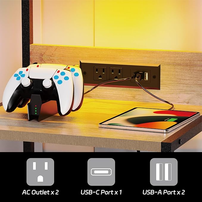 SZLHANJZ Night Stand with Charger Station, 3 Drawers Nightstand with Storage and LED Lights, Shelves, and Hooks, Bed Side End Table for Bedroom Dorm, Greige
