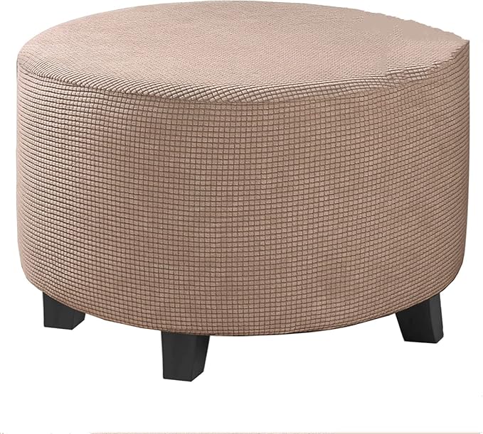 Stretch Ottoman Slipcover – Round Furniture Protector Fits 20"-23" Dia, for Footrests, Storage Ottomans & Folding Stools – Elastic Fabric Cover (Khaki, Medium)