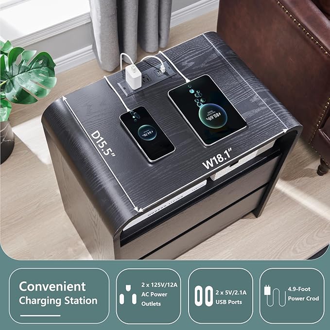 Aitjunz 25" Tall Modern Nightstand Set of 2, 23.6'' Wide Wood Bedside Table w/2 Storage Drawers, Charging Station, Mid Century End Table for Bedroom, Living Room,Curved Profile Design, Black
