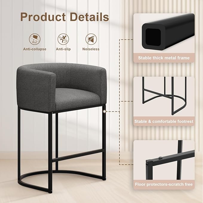 26" H Counter Height Bar Stools Set of 3, Modern Barrel Counter Stools with Backrest and Arms, Linen Fabric Upholstered Accent Barstools for Kitchen Island,Support 450 LBS (Carbon Black)