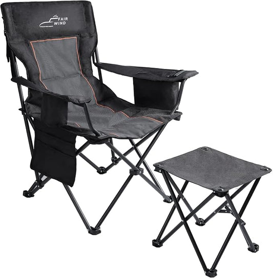 FAIR WIND Oversized Padded Camping Chair with Footrest Stool Set Heavy Duty Support 300 LBS Cooler Bag - Black