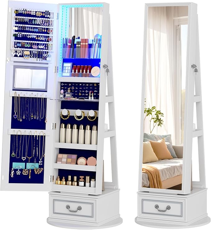 Vlsrka Mirror Jewelry Cabinet Standing, 360° Swivel Jewelry Armoire with Full Length Mirror, Lockable Mirror with Jewelry Storage, 3-Color LED Lights, Foldable Makeup Shelf, White