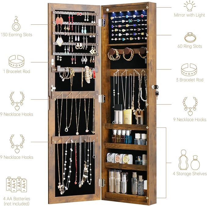 Full Length Mirror Jewelry Cabinet Organizer Lockable Door Wall-Mounted Jewelry Armoire with Shelves and Behind the Door Storage Rustic Brown
