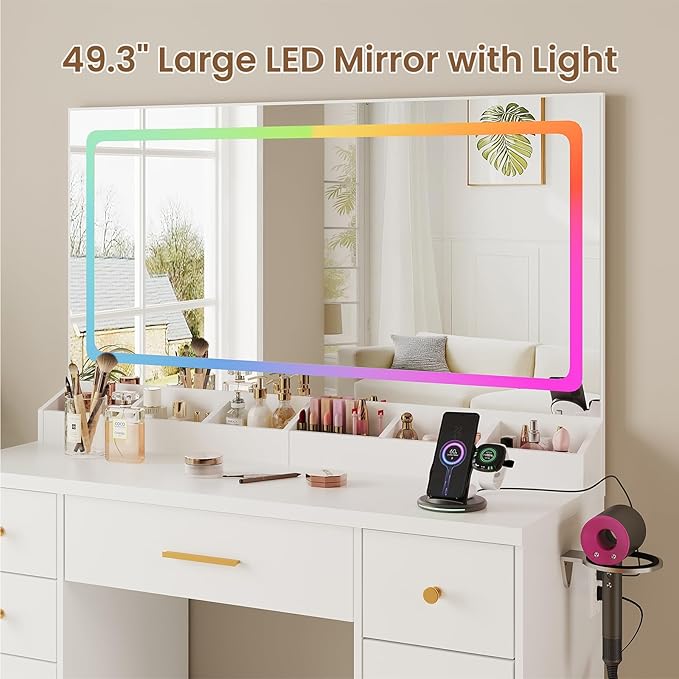 LAKEMID Makeup Vanity Desk with Large Mirror and Lights,43.3in Makeup Vanity with 7 Drawers,Modern Vanity Table with Charging Station,Adjustable RGB Lighting,Dressing Table for Bedroom Women(White)