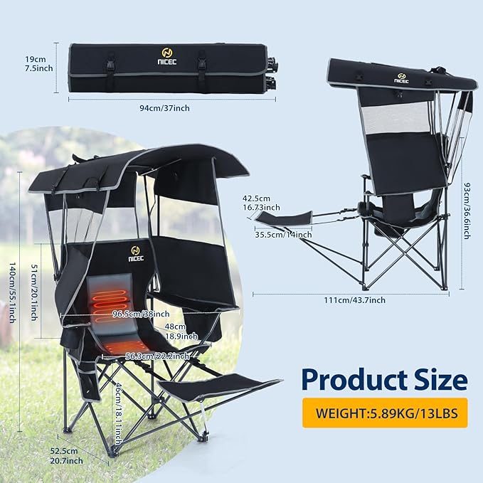 Nice C Chair with Canopy, Heated Camping Chair with Battery, Outdoor Sports Chairs with Shade, Heated Folding Umbrella Lawn Chairs, with Removable Footrest (2-Pack)