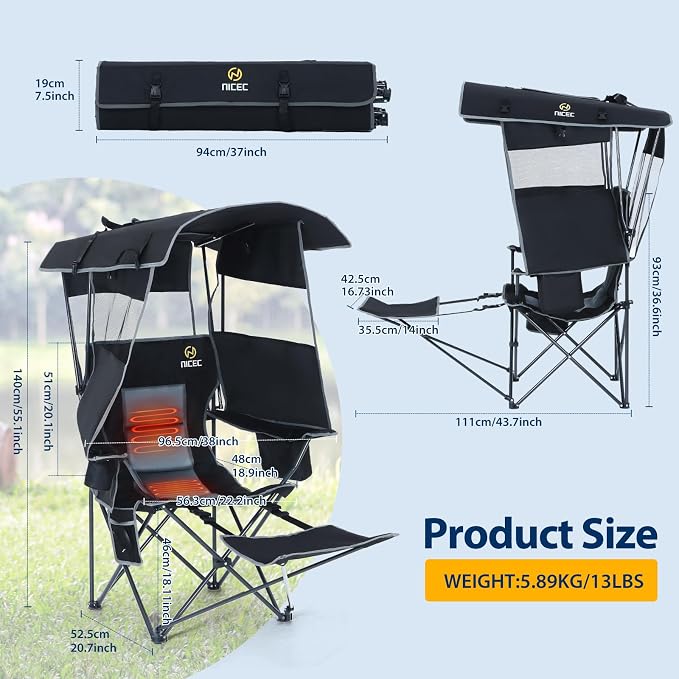 Nice C Chair with Canopy, Heated Camping Chair with Battery, Outdoor Sports Chairs with Shade, Heated Folding Umbrella Lawn Chairs, with Removable Footrest (1-Pack)