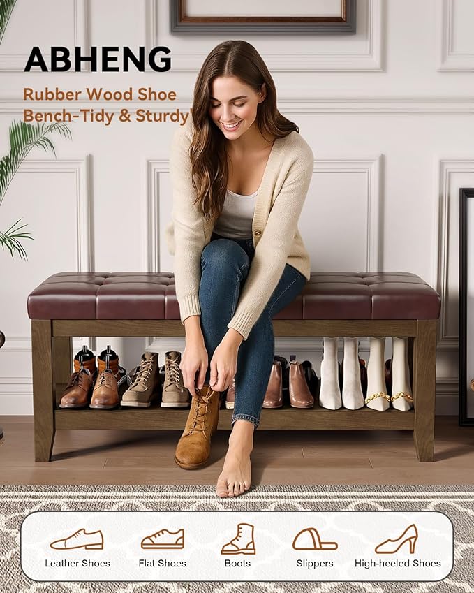 ABHENG Solid Rubber Wood Shoe Bench, Easy-Clean PU Upholstered Seat, 770LB Load, Space-Saving Storage for Entryway/Living Room, Easy Assembly, Vintage Style, 43.3"x15.7"x17.7", Brown, UASND65R