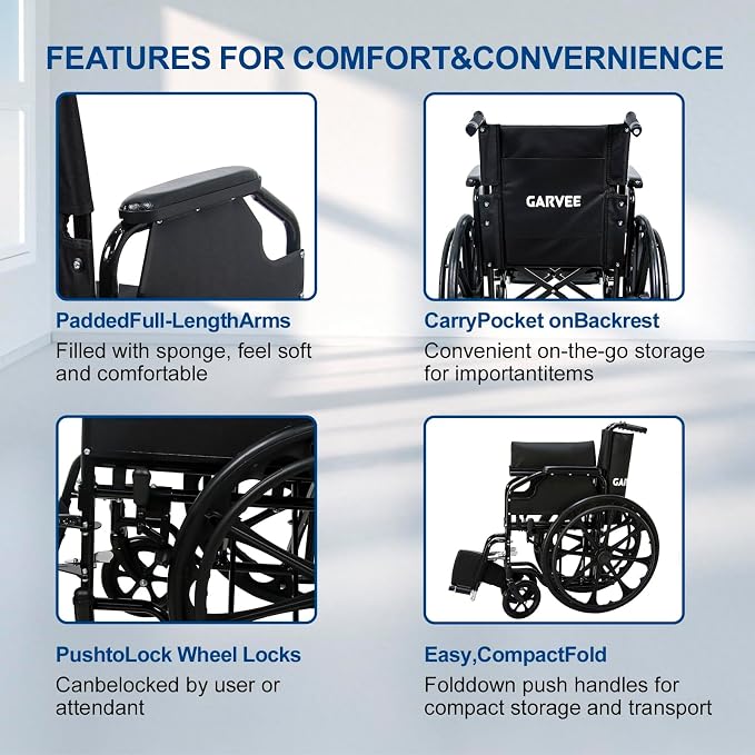 IDEALHOUSE Wheelchairs for Adults Lightweight Foldable, 18" Seat Wheelchair, Flip-Up Arms & Removable Footrests, Portable Transport Wheelchair Lightweight Foldable, Wheel Chair for Adults, 220lbs