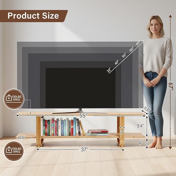 Tiita Bamboo TV Stand for 55 Inch TV, Entertainment Center with 2 Open Shelf, Mid Century Modern Media Console for Living Room, Bedroom, Wood