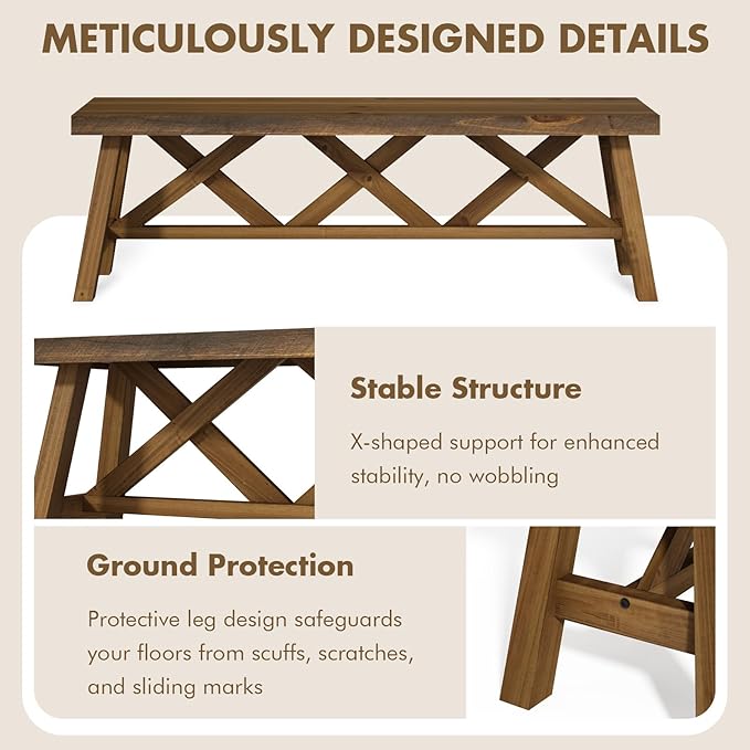 Wnutrees 54" Farmhouse Wood Bench, Rustic Solid Wood Entryway Bench Seat with Double X-Structure for Dining Area Living Room Hallway, Structural Stability, Natural