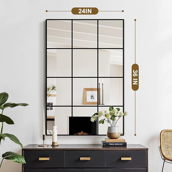Window Mirrors for Wall Decor, Wall Mirrors Decorative Window Pane 24 x 36, Rectangular Metal Framed Wall Mounted Mirrors for Bedroom, Living Room, Dining Room, Entryway, Bathroom, Fireplace