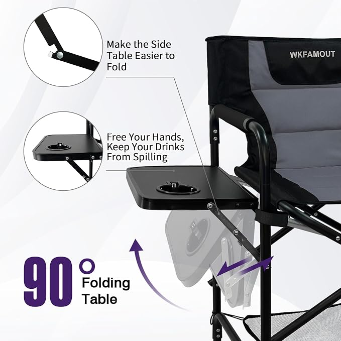 Tall Folding Directors Chair with Side Table 30.71" Seat Height Foldable Camping Chair Bar Stool for Makeup Artist Face Painting with Footrest and Storage Pocket Supports 350LBS