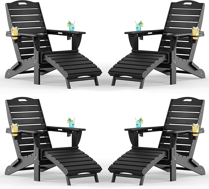 Adjustable Adirondack Chairs Set of 4 with Retractable Ottoman, HDPE Folding Adirondack Chair with Cup Holders, Weather Resistant for Backyard, Poolside & Fire Pit (Black)