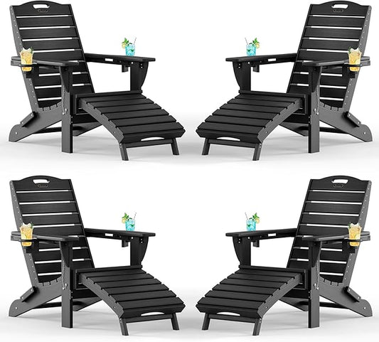 Adjustable Adirondack Chairs Set of 4 with Retractable Ottoman, HDPE Folding Adirondack Chair with Cup Holders, Weather Resistant for Backyard, Poolside & Fire Pit (Black)