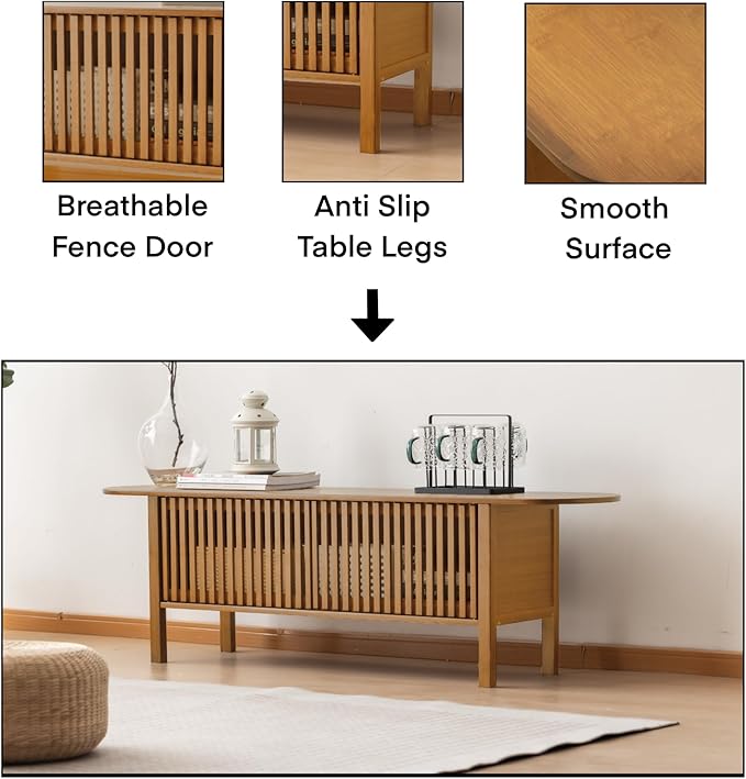 Bamboo TV Stand for TVs up to 65", Accent Entertainment Center with Storage, Media Console Table with Fence Door, Modern TV Stand for Living Room, Bedroom, 55"(L), Walnut