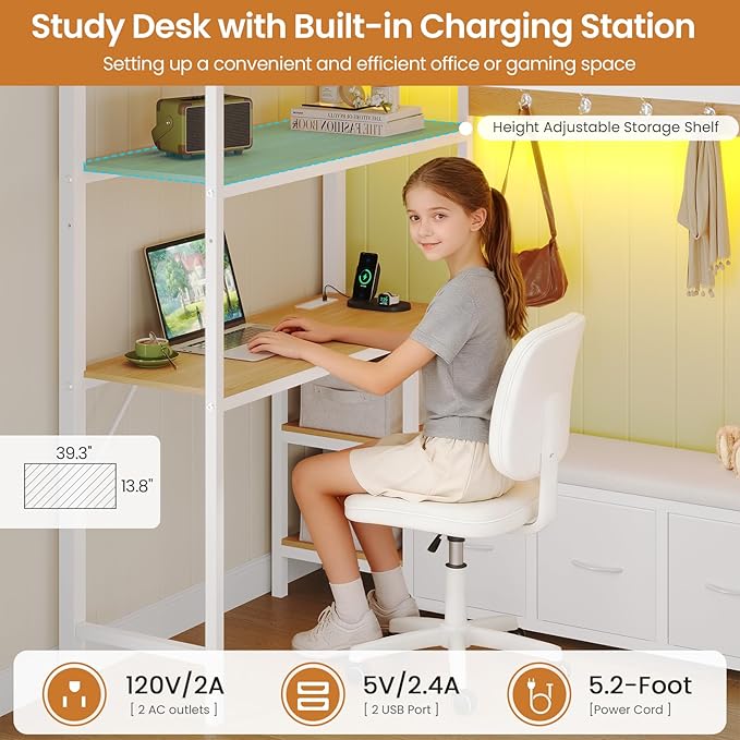 DICTAC Twin Loft Bed with 6 Storage Drawers,Coat Rack and Open Shelves Metal Twin Size Loft Bed with Desk,Charging Station and LED Light,loft beds with Large Pegboard,Stairs and Safety Guardrail,White